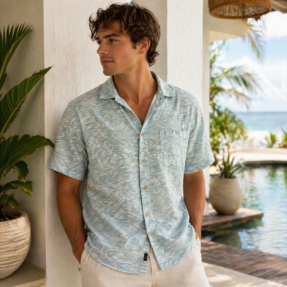 Faherty Playa Shirt Mens XL Green Offshore Swell Organic Cotton Short Sleeve